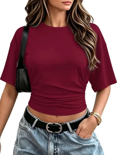 Vista 7 de Sampeel Camisetas cortas de verano 2026 a la moda, manga corta de murciélago, cintura fruncida, ajustadas, básicas, para salir, camisetas de moda