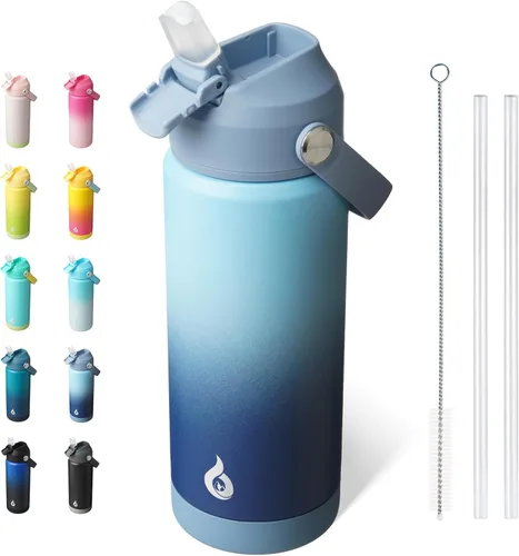 Vista 53 de BJPKPK - Botella de agua aislada con tapa de popote, 532 ml Botellas termo con boquilla suave, asa flexible y base antideslizante, libre de BPA, a
