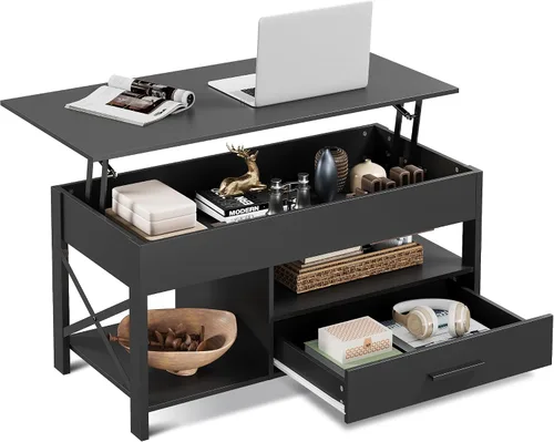 Vista 13 de WLIVE Mesa de Centro, Mesa de Centro Elevable de 39 pulgadas con Compartimento Oculto, Cajones de Almacenamiento y Estante de Almacenamiento