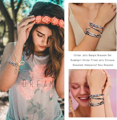 Vista 3 de Long tiantian Pulseras de gelatina con purpurina para adolescentes, pulseras de gelatina rellenas con purpurina, pulseras impermeables con lazo
