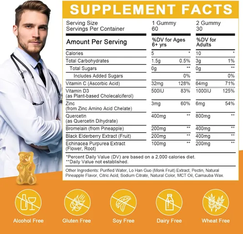 Vista 2 de Gomitas de quercetina con bromelina para niños y adultos, apoyo inmunológico y de bienestar estacional, 800 mg de quercetina con bromelina, zinc