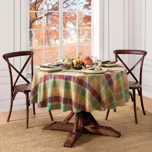 Vista 2 de Threadmade Mantel a cuadros Autumn Acres, multicolor - 70 pulgadas de ancho x 70 pulgadas de largo, redondo