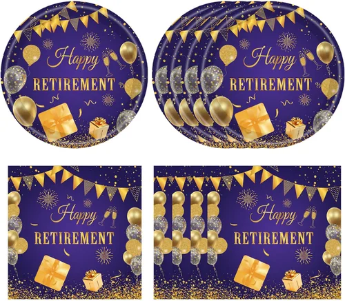 Vista 10 de Juego de 40 piezas de vajilla desechable para fiestas de jubilación para hombres y mujeres, color negro y plateado, incluye platos de jubilación