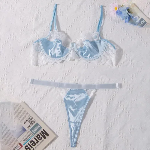 Vista 5 de Conjunto de lencería sexy de encaje bordado para mujer, brasier suave sin alambre para mujer, conjunto de ropa