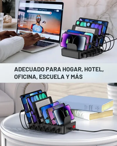 Vista 5 de CREATIVE DESIGN Estación de carga múltiple de 50 W y 6 puertos con 6 cables de carga, base de carga USB para múltiples dispositivos, compatible