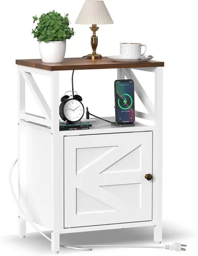 Vista 9 de Mesa Auxiliar Estrecha Estilo Granja con Estación de Carga - Mesa Lateral de 3 Niveles con USB y Enchufes, Mesa de Noche Compacta de Almacenamiento