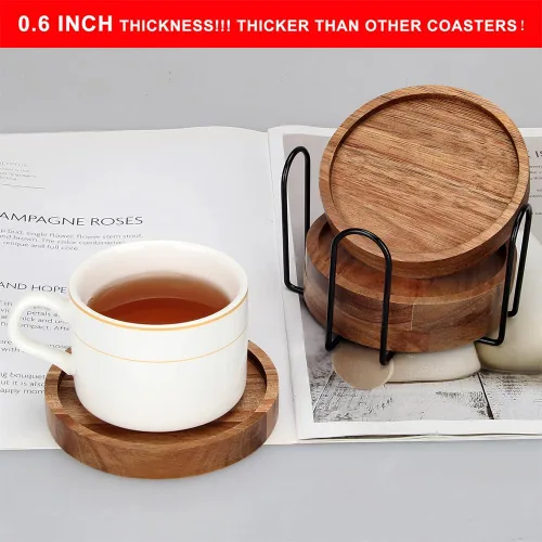Vista 3 de 4 posavasos de madera de granja con soporte, lindo juego de posavasos de madera para bebidas al aire libre, decoración del hogar, decoración de mesa
