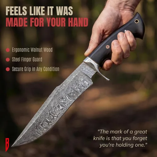 Vista 9 de BIGCAT ROAR Leopard Hunter - Cuchillo de caza hecho a mano de acero de Damasco de hoja fija de 12 pulgadas - Mango de madera de nogal y funda