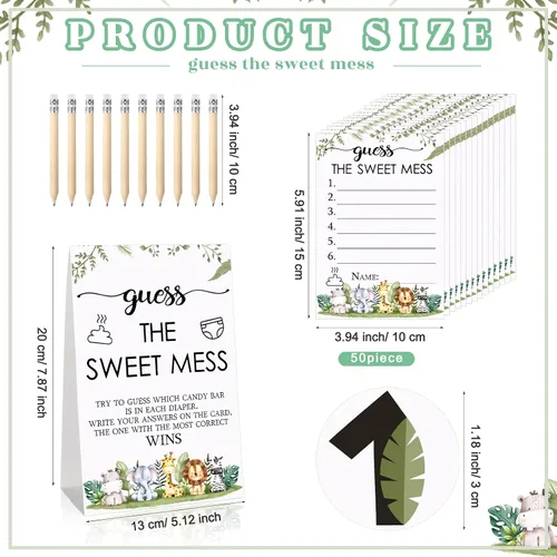 Vista 2 de Juego de 67 piezas de pañales sucios de Guess The Sweet Mess para baby shower, incluye letrero de Adivina el dulce lío, 50 tarjetas pequeñas, 10