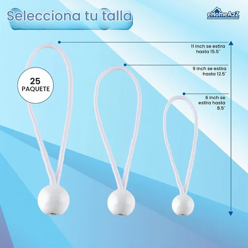 Vista 2 de Paquete de 25 cuerdas elásticas de bolas elásticas de 6 pulgadas de diámetro para toldo, red, postes, jardín, herramientas, cables, cable resistente