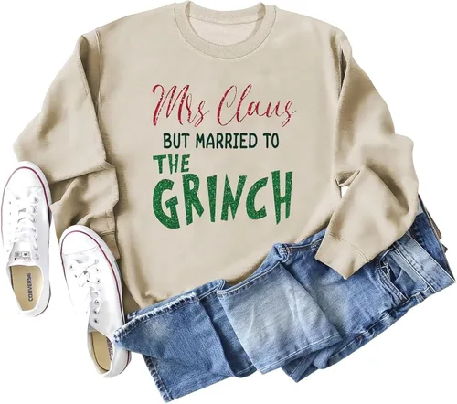 Vista 2 de Sudadera de manga larga con texto en inglés "Mrs. Claus But Married to The Grinch para mujer