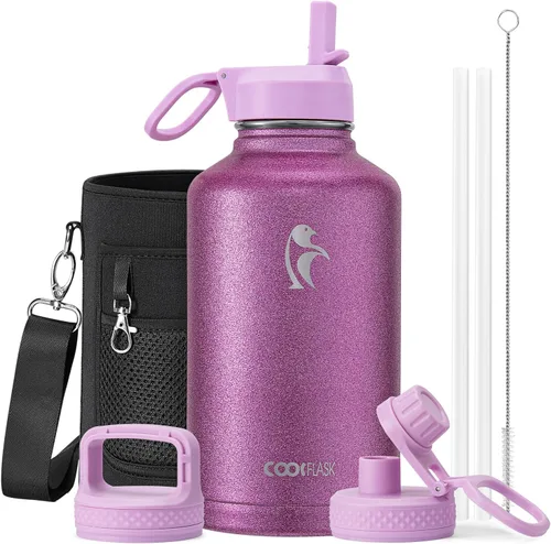 Vista 38 de Coolflask Botella de agua de 20 onzas aislada con pajilla, 3 tapas de metal de acero inoxidable, botella de agua de boca ancha para deportes u