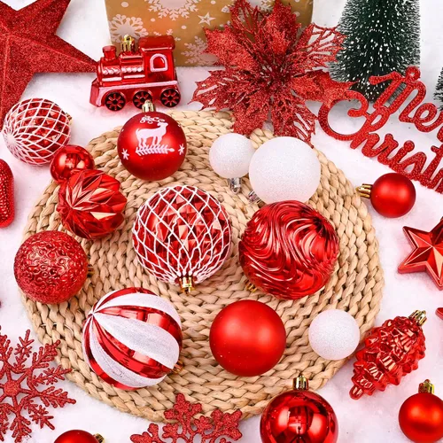 Vista 3 de Ktinnead Juego de 94 piezas de decoración para árbol de Navidad, adornos rojos inastillables para colgar en el árbol de Navidad con flores de pascua