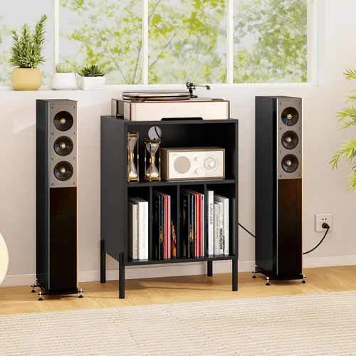 Vista 9 de Tangkula Soporte para tocadiscos, mesa auxiliar giratoria con estación de carga y armario de almacenamiento de discos de vinilo con capacidad