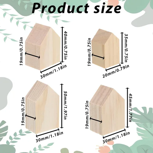 Vista 2 de 8 casas de madera de 4 tamaños para manualidades, bloques de madera sin terminar de 0.75 pulgadas de grosor, recortes de madera en blanco