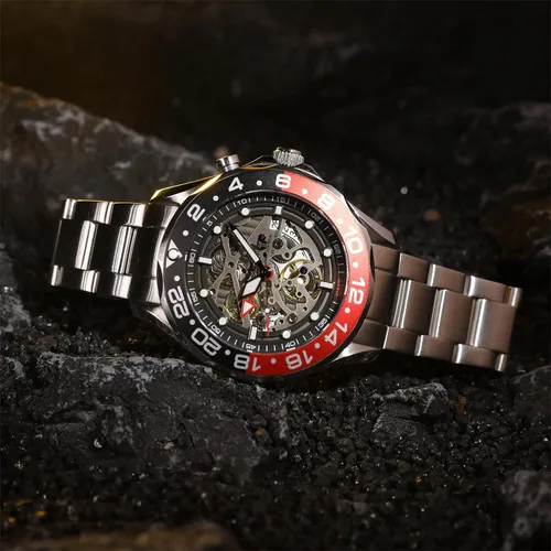 Vista 7 de TSAR BOMBA Relojes mecánicos automáticos híbridos GMT de lujo para hombres, 656.2 ft, impermeable, esqueleto japonés, movimiento de carga