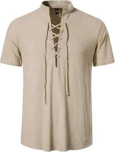 Vista 2 de LucMatton Camisas de manga corta de algodón para hombre estilo retro tradicional con cordones para medieval vikingo hippie a juego