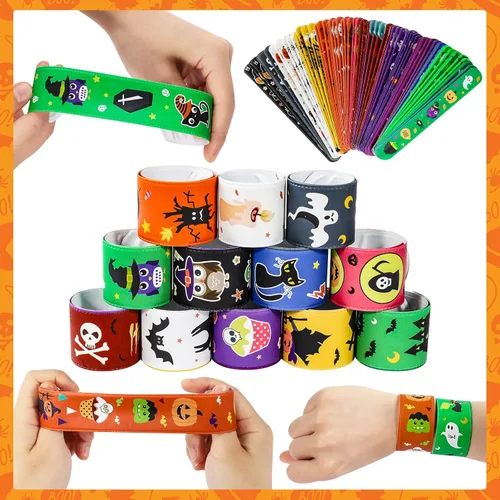 Vista 5 de MGparty 72 pulseras de Halloween Slap 24 diseños temáticos de Halloween, araña, calabaza, fantasma, zombi, murciélago, brujas, pulseras a presión