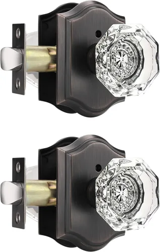 Vista 15 de Gobrico Juego de pomos de puerta de vidrio transparente para interiores, cerradura de puerta de cristal de diamante de privacidad en latón antiguo