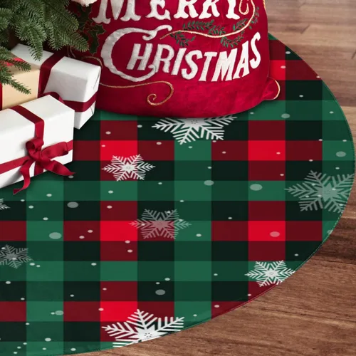 Vista 2 de Falda de árbol de Navidad, tapete de árbol de Navidad a cuadros rojos y verdes para casa de campo, Año Nuevo, festividades, fiestas, decoraciones