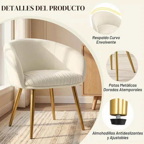 Vista 4 de Boucle - Silla de tocador de maquillaje de terciopelo, moderna silla de escritorio para niñas, sin ruedas, con patas de metal dorado, sillón Beige