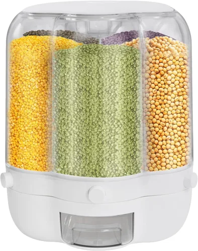 Vista 8 de Dispensador de cereales, Dispensador de grano giratorio de 360 ° de 6 rejillas, Dispensador de arroz transparente de tamaño de compartimento 24