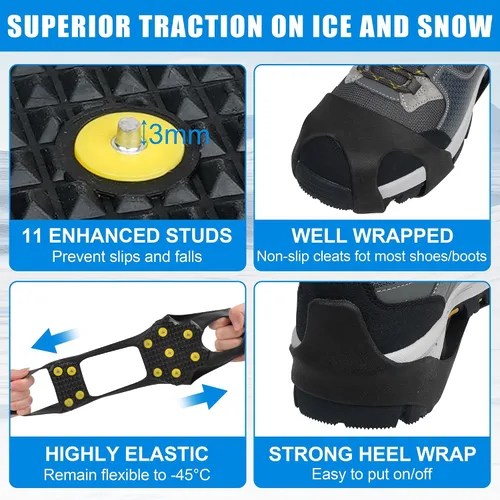 Vista 4 de Tacos de hielo, crampones de nieve, tracción para caminar para zapatos y botas, 11 tachuelas antideslizantes de goma de hielo para caminar, calzado
