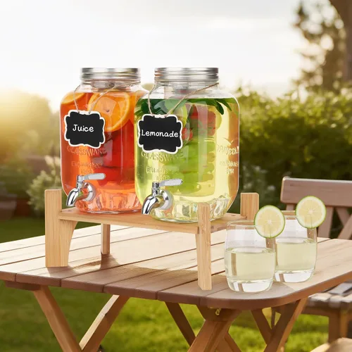 Vista 2 de Juego de 2 dispensadores de bebidas de vidrio para fiestas, dispensadores de bebidas de hielo de 1 galón con soporte, dispensador de jugo
