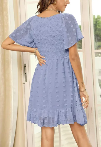 Vista 4 de Annebouti Vestido corto de verano para mujer, manga corta, cuello en V, volantes, floral, lunares suizos, fruncido
