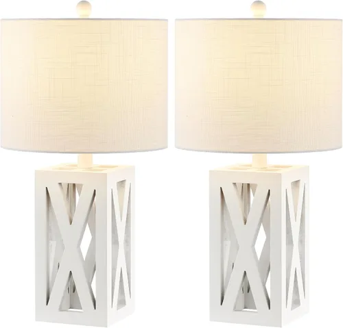 Vista 11 de JONATHAN Y Lámpara de mesa de madera de granja marrón de 21.5 pulgadas para mesita de noche y sala de estar, pantalla de tambor de lino blanco
