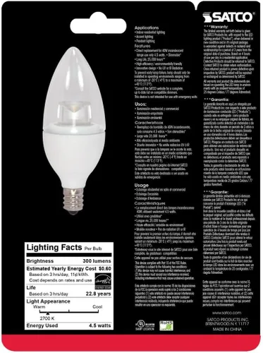 Vista 3 de SATCO S8951 - Bombilla LED de 4.5 W, forma de vela B11, blanco cálido de 2700 K, 300 lúmenes, base de candelabro E12, 120 voltios, regulable