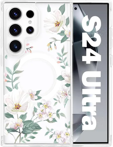 Vista 53 de Funda magnética para Samsung Galaxy S22 Ultra Flower, compatible con MagSafe, patrón floral transparente a prueba de golpes, parte trasera