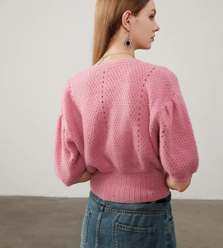 Vista 3 de Suéter de manga corta abombada para mujer, cuello en V, botones, tejido suave de ganchillo