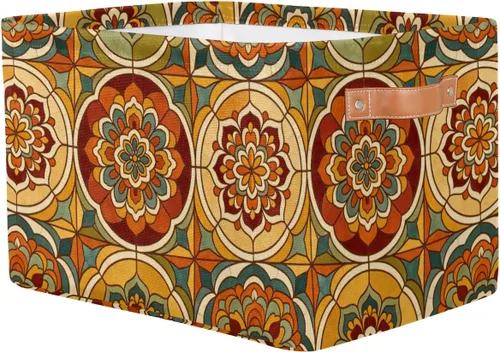 Vista 3 de Cesta de almacenamiento con diseño étnico bohemio y floral de mandala grande, caja de almacenamiento plegable para juguetes, organizador de ropa