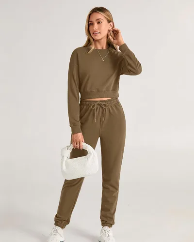 Vista 29 de BTFBM Conjunto deportivo de 2 piezas para mujer, camiseta corta de manga larga, sin botones, pantalón con cordón ajustable, pantalones deportivos