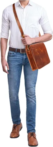 Vista 8 de Bolso de mensajero de cuero para computadora portátil, maletín de oficina, regalo para hombre, bolso de hombro desgastado