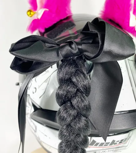 Vista 6 de Extensión de cola de caballo para niñas con ventosa para casco, 2 piezas, accesorios para casco con lazo, coletas para casco de motocicleta
