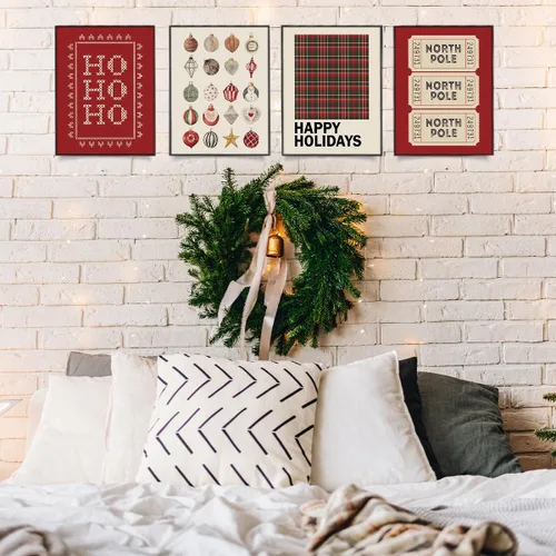 Vista 5 de Juego de impresiones de arte de pared de Navidad de Wheatwin, carteles de pórtico norte modernos y estéticos, decoración feliz de vacaciones