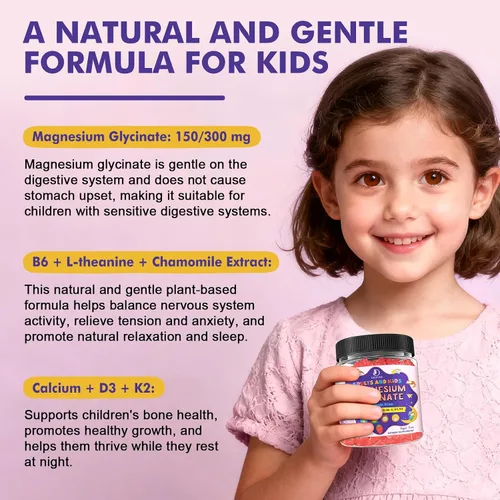 Vista 2 de Gomitas de glicinato de magnesio para niños mayores de 4 años y adultos, glicinato de magnesio 150/300 mg para sueño natural, relajación y apoyo