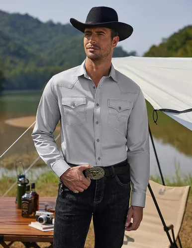 Vista 3 de COOFANDY Camisa vaquera de manga larga para hombre, de algodón, con botones, estilo casual, con bolsillos