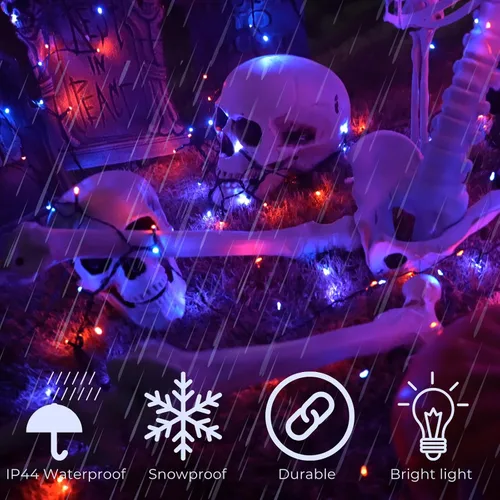 Vista 4 de Guirnalda de luces moradas y naranjas de Halloween, se pueden conectar entre sí, 2 unidades, 164 pies, 400 LED, 13 modos, impermeable