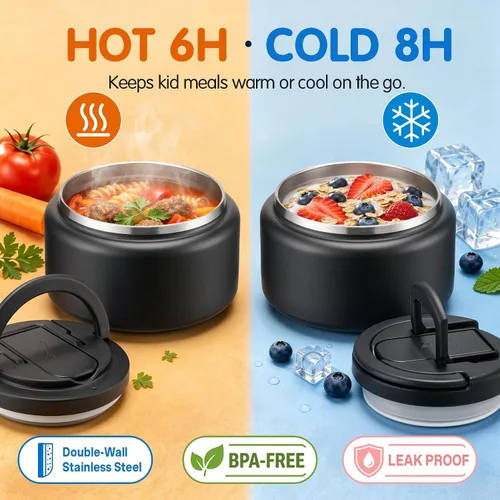 Vista 4 de BABHAMNESS Termo de sopa de 13.5 onzas para comida caliente para niños, recipiente aislado al vacío con tapa de hebilla, boca ancha, a prueba