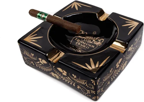 Vista 3 de Hermanos Diablo Cenicero grande para exteriores, patio interior, bandeja de cerámica negra dorada y elegante, 4 soportes cenicero perfecto para tus