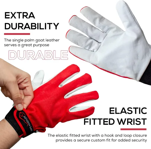 Vista 2 de SAFE HANDLER Guantes de montaje ECO Tela elástica para mayor comodidad, transpirable, cierre seguro de gancho y bucle, palma de cuero de cabra