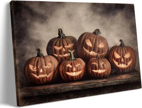 Vista 12 de Bonito arte de pared de gato negro de Halloween, divertido póster de lienzo de luna llena con ojos amarillos y cita de Feliz Halloween