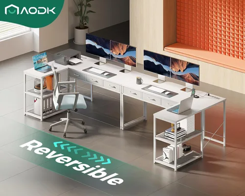 Vista 12 de AODK - Escritorio de computadora en forma de L de 53 pulgadas con cajones, con tomas de corriente y estantes de almacenamiento, soporte móvil