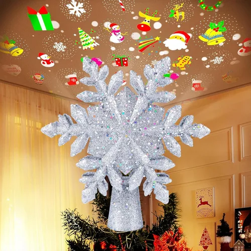 Vista 11 de Punta de árbol de Navidad con ángel y proyector LED de copo de nieve integrado, estrella de pentagrama hueca con lentejuelas doradas, adorno Ángulo