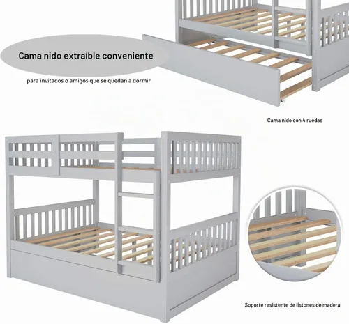 Vista 7 de Olela Litera de tamaño matrimonial sobre matrimonial con nido individual, marco de cama matrimonial de madera convertible con escalera de riel