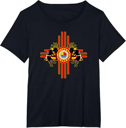 Vista 64 de Native American Kokopelli Kachina Zia Symbol 2 - Camiseta divertida para fanáticos, Negro