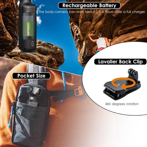 Vista 8 de Cámara Corporal 4K con Micrófono Externo, Mini Cámara de Vídeo y Audio de Bolsillo con Rotación de 270° para Deporte al Aire Libre, Bicicleta